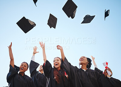 Buy stock photo Graduation cap, student and graduate class happy at a diploma and education success ceremony. University or college students and friends with happiness smile proud of certificate achievement 