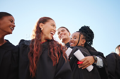 Buy stock photo Students, hug and graduation certificate success in ceremony celebration on school, university or college campus. Low angle, friends diversity or graduate diploma in education learning or scholarship