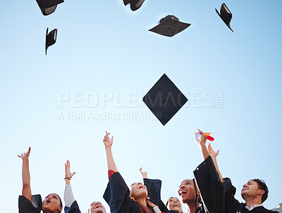 Buy stock photo Graduation, students and graduate class throw caps in air feeling happy about education success at the ceremony. University or college men and women d friends celebrate proud certificate achievement