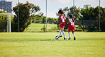Soccer, fitness and training with children and teamwork for sports workout, friends and wellness games. Exercise, motivation and kids running on football field for support, freedom and goals in park