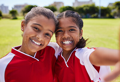 Buy stock photo Girl, selfie and friends on field for soccer with happiness at training, game or competition. Team, children and happy together smile on grass for football, exercise or match in Los Angeles in summer