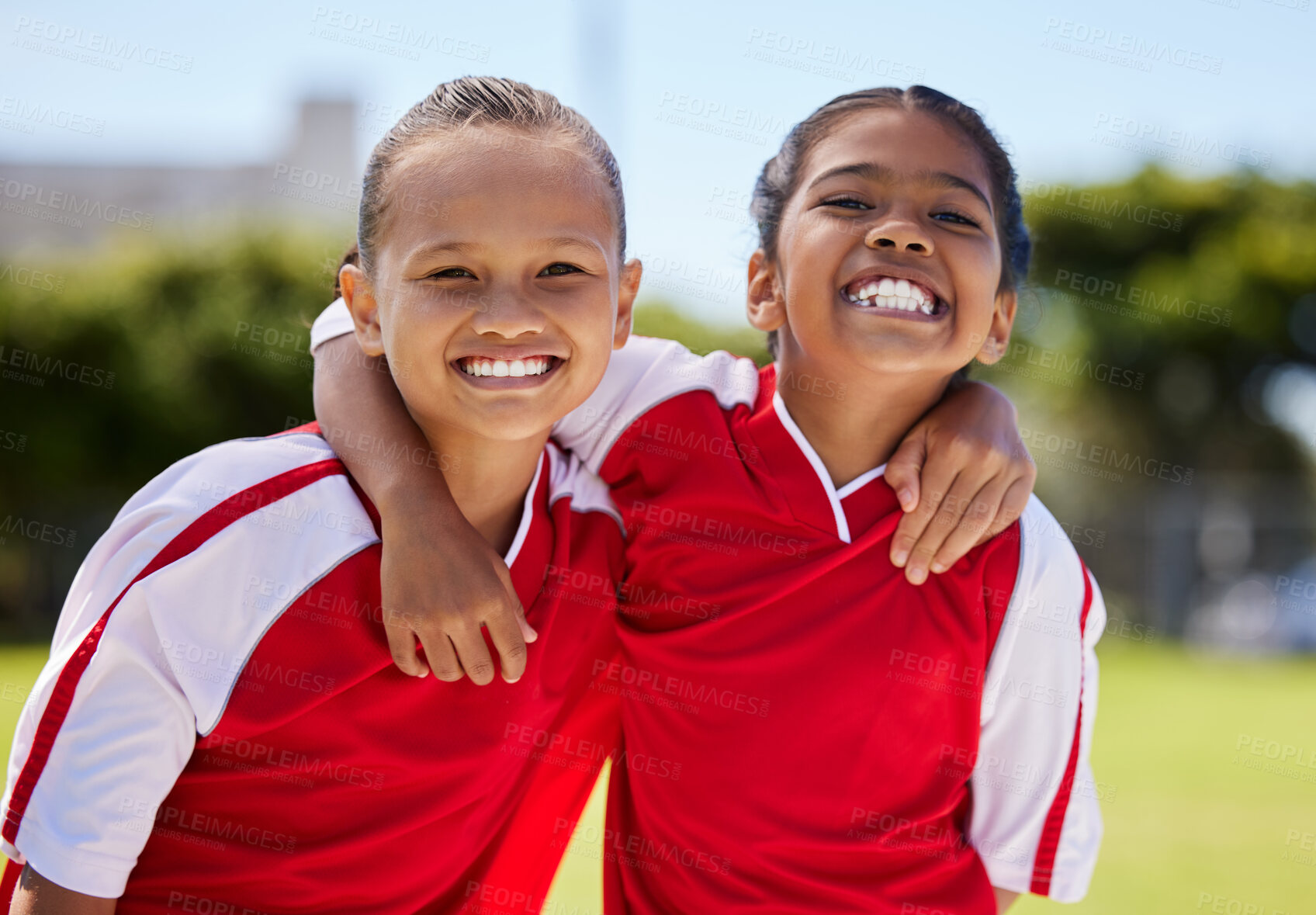 Buy stock photo Soccer, portrait and friends in a girl football sports team for children ready to start training, exercise and kids game. Smile, healthy and happy girls on practice ground or field together in Brazil