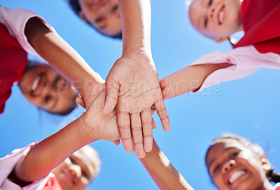 Buy stock photo Hands, children and community with girl collaboration on environment cleaning project, happy and excited. Earth, goal and volunteer program with kids enjoying social and pollution cleanup outdoors
