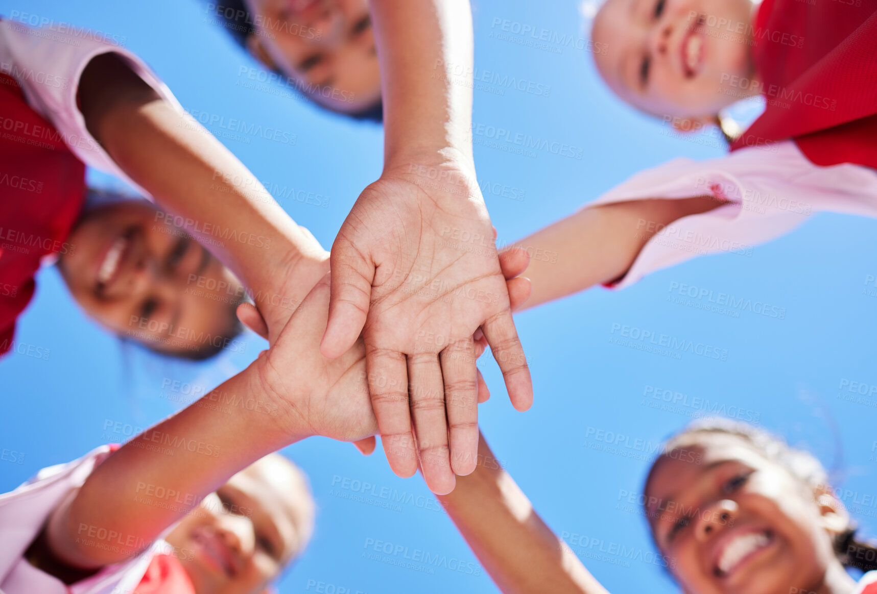 Buy stock photo Hands, children and community with girl collaboration on environment cleaning project, happy and excited. Earth, goal and volunteer program with kids enjoying social and pollution cleanup outdoors