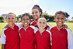 Team, smile and happy children players ready for fitness, teamwork and exercise on an outdoor field. Portrait of a kids athlete group for sport training, sport workout and game collaboration 