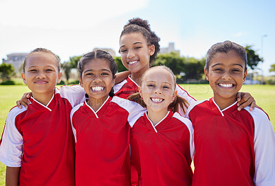 Buy stock photo Team, smile and happy children football girl players ready for fitness, teamwork and exercise on an outdoor field. Portrait of a kids sport group for sport training, workout and game collaboration 