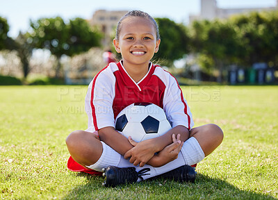 Buy stock photo Sports, happy and girl. relax on soccer field after game, competition or fitness cardio exercise. Sitting, kid child or young athlete with smile after youth football, practice or training workout 