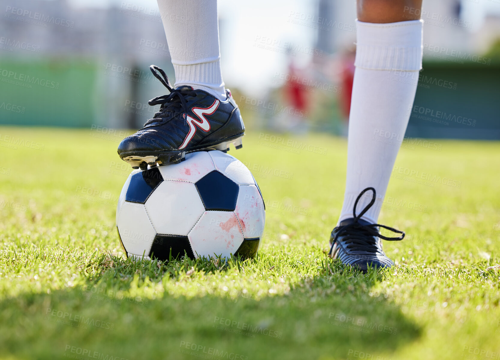 Buy stock photo Soccer, ball and shoes of athlete on grass for training practice in fitness, sports and health. Motivation, exercise and workout with soccer player on football field for goals, wellness and games