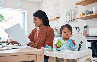 Buy stock photo Mother, baby and laptop in kitchen, freelance and paying bills while bonding with down syndrome child. Disability, kids and multitasking parent productive freelancer in home, motherhood work balance