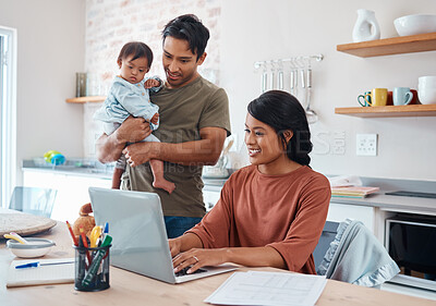 Buy stock photo Internet, family and parents doing research on down syndrome with baby on a laptop in their house. Mother and father with smile for child and working on taxes or finance budget on the computer