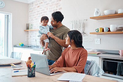 Buy stock photo Family, baby and down syndrome while mother work online with laptop in kitchen. Mom, father and child play while mother use computer for learning, education or college on the internet in house