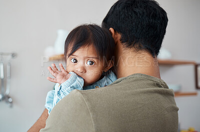 Buy stock photo Love, care and down syndrome baby with father bonding, relax and enjoy cute quality time together in home kitchen. Intellectual disability, child development and family dad holding disabled Asian kid