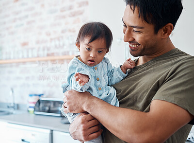 Buy stock photo Down syndrome, baby and father bonding in their home with a proud parent caring for special needs infant in India. Love, family and child with happy man or dad carrying newborn with a disability
