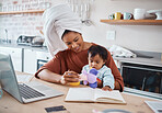 Mother, baby and down syndrome with laptop for work on web, study or education in house. Multitasking, mom and child with computer, book and toys for learning, play and working while home in kitchen