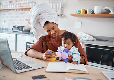 Buy stock photo Mother, baby and down syndrome with laptop for work on web, study or education in house. Multitasking, mom and child with computer, book and toys for learning, play and working while home in kitchen