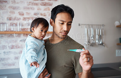 Buy stock photo Down syndrome, thermometer and parent worried about baby health, checking fever and temperature in a kitchen. Love, disability and child care with special needs newborn bonding with concerned father