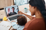 Family on video call, mom and baby happy to see smiling father waving with laptop webcam to talk to each other. Mother, young child talking to dad at work from home and using 5g streaming technology 