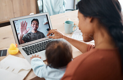 Buy stock photo Family on video call, mom and baby happy to see smiling father waving with laptop webcam to talk to each other. Mother, young child talking to dad at work from home and using 5g streaming technology 