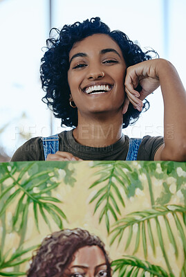 Buy stock photo Woman, pride and art painting in studio, home or creative space with watercolor canvas, oil paint or acrylic color. Portrait, smile and happy artist or painter in Indian workshop with abstract vision