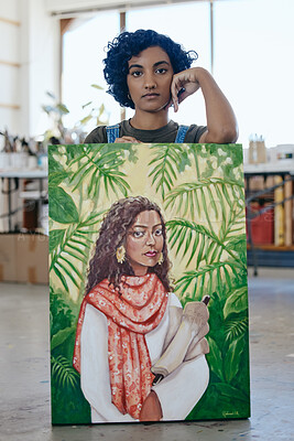 Buy stock photo Portrait, painter and woman with creative painting on canvas in art gallery or studio after working with watercolor palette. Talent, and young Indian artistic student with creativity in workshop 