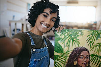 Buy stock photo Selfie, painting and art work of a woman student from India happy about her artist portrait. Creative painter person with a smile done with a creativity paint canvas and drawing design in a studio