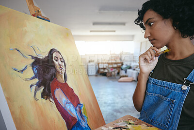 Buy stock photo Creative woman, thinking about her art, and looks at painting in studio for exhibition. Professional Indian painter, artist with paint brush, search for inspiration for work on canvas. 