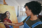 Painter, artist and woman at work on painting in studio for exhibition in museum, gallery or sale. Art, creative and girl with portrait in oil paint in workshop on canvas, brush and creativity