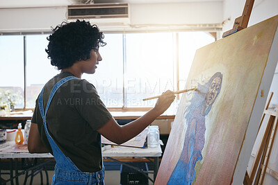Buy stock photo Artist painting on canvas in studio, creative workshop with oil color paint and young Indian woman with inspiration. Concentration on graphic artwork, professional painter with paintbrush to easel