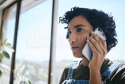 Buy stock photo Creative, phone call and woman from India in the office with a serious face. Businesswoman on smartphone, talking and speaking about startup design company. Tech, mobile phone and artist in workspace