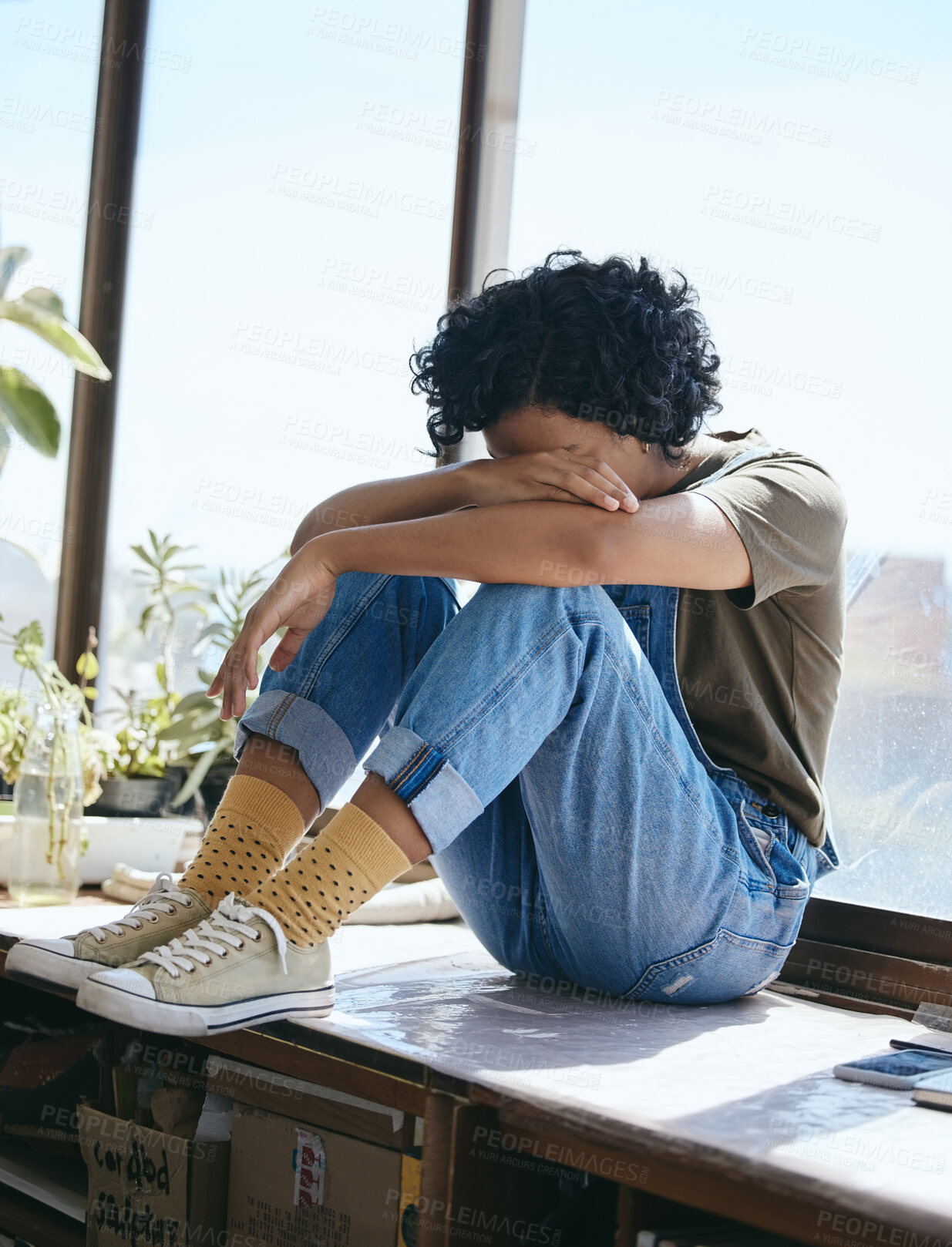 Buy stock photo Depression, mental health and anxiety for girl sad with grief over death, pain or frustrated with mistake. Young black woman or gen z student unhappy, suffering or depressed over life problem fail