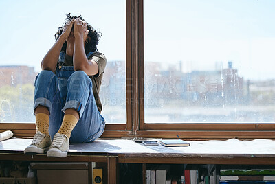 Buy stock photo Burnout, anxiety and fatigue creative student frustrated lack of inspiration, studying or learning problem in university classroom. College woman by window crying, stress or mental health depression