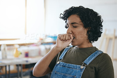 Buy stock photo Tired, art and painter yawning while working on a creative project at a studio. Face of a black woman, artist or girl with burnout and stress from creativity, painting design or fatigue at a workshop