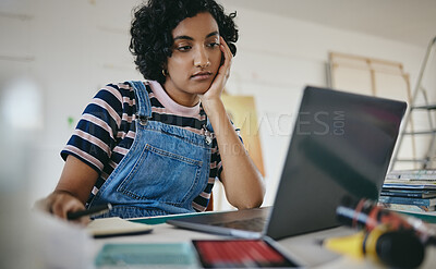 Buy stock photo Laptop, woman and bored student on desk in home, tired or exhausted working on project. Thinking, overwork and distracted female doing boring dull homework trying to think of ideas, focus or study.
