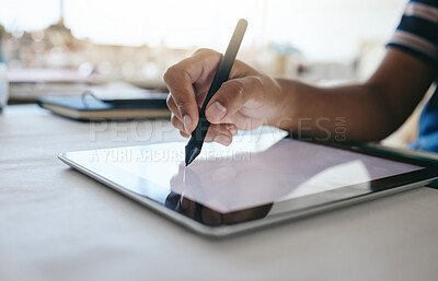 Buy stock photo Digital tablet, designer hands writing with pen for design planning, creative animation or advertising project on desk in studio. Tech, notepad or web designer working with electronic pen, UX or web