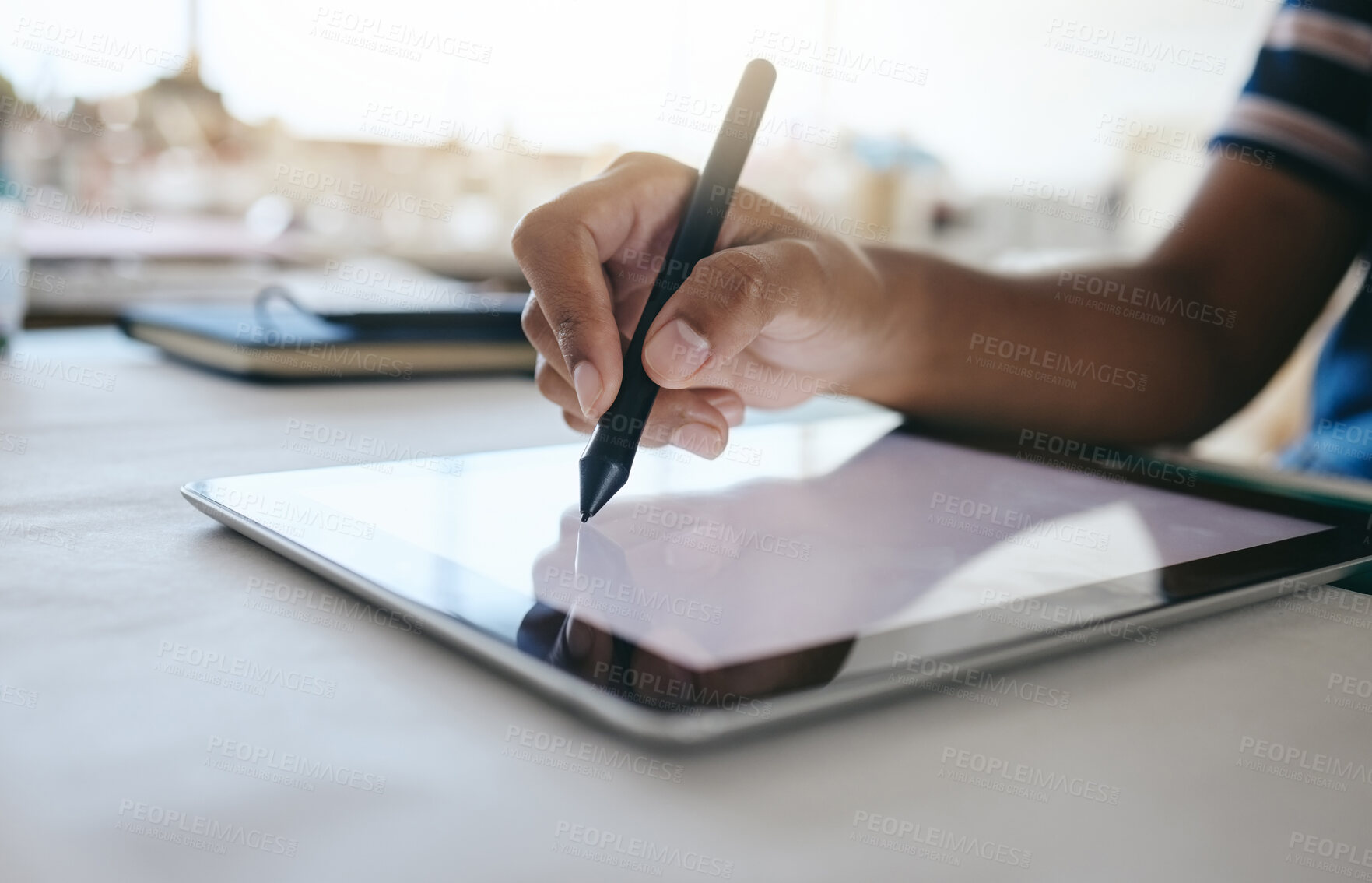 Buy stock photo Digital tablet, designer hands writing with pen for design planning, creative animation or advertising project on desk in studio. Tech, notepad or web designer working with electronic pen, UX or web