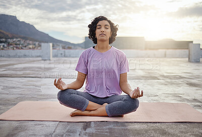 Buy stock photo Peace, meditation and yoga with woman on roof in city of Rio de janeiro for zen, fitness and wellness. Health, exercise and relax with girl training for freedom, happy and workout in outdoor