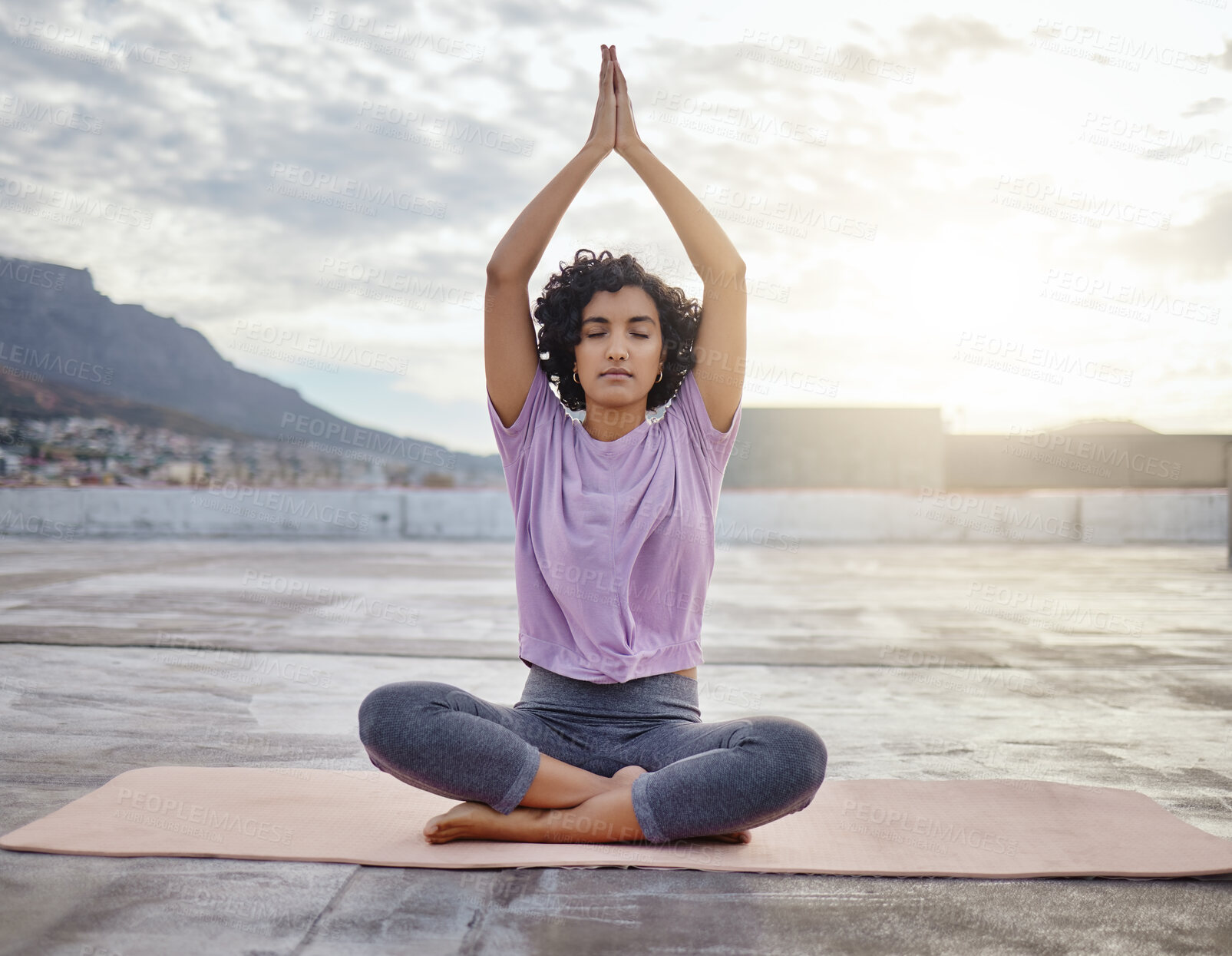 Buy stock photo Yoga meditation, focus and woman praying for wellness, gratitude and spiritual health in the city of Peru. Girl training her mind for peace with zen exercise and outdoor workout for mental health