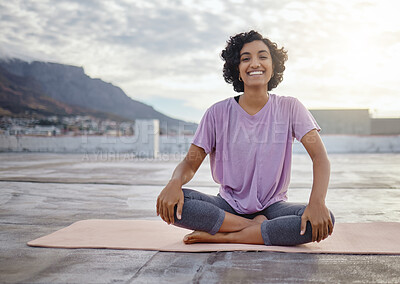 Buy stock photo Fitness, yoga and woman training for wellness, health and body goal in the city of India. Portrait of a happy, Indian and spiritual girl doing a workout, exercise and outdoor meditation to relax 