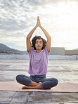 Yoga meditation, peace and woman praying for spiritual wellness and gratitude in the morning in the city of Singapore. Girl training her mind to relax with faith, zen and exercise for stress 