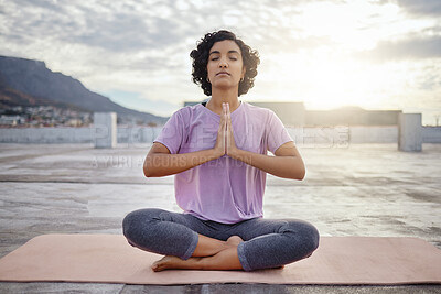 Buy stock photo Woman meditation, yoga outdoor and pray namaste for peace, zen and mindset of training, workout and exercise. Calm, relax and focus fitness female for breathe healthy energy, balance and wellness