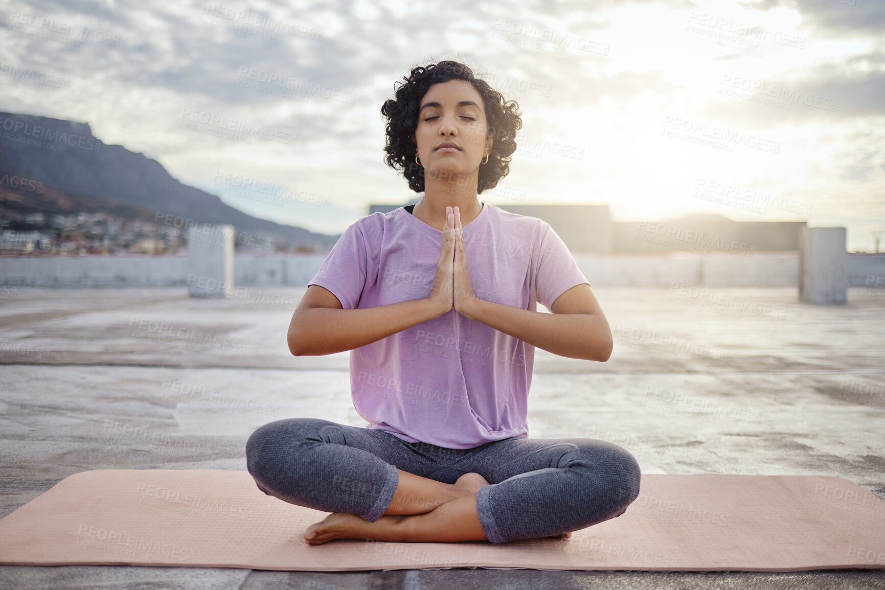 Buy stock photo Woman meditation, yoga outdoor and pray namaste for peace, zen and mindset of training, workout and exercise. Calm, relax and focus fitness female for breathe healthy energy, balance and wellness