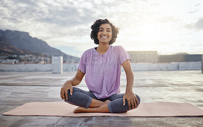 Buy stock photo Portrait of woman meditation while training yoga exercise outdoor in a city. Young zen female athlete workout and finding peace, balance and wellness and healthy while happy about fitness lifestyle