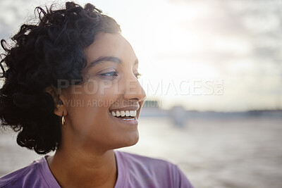 Buy stock photo Happy, smile and woman thinking in nature during summer on holiday with freedom, vision and idea in India. Face of an Indian, calm and young girl with peace and happiness in the sun on vacation