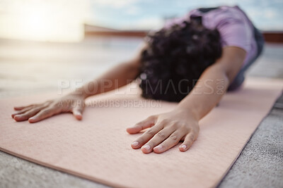 Buy stock photo Fitness, yoga and stretching forward with of woman on roof top for peace, relax and meditation. Zen, health and wellness with hands of girl training in pilates and floor workout for freedom exercise