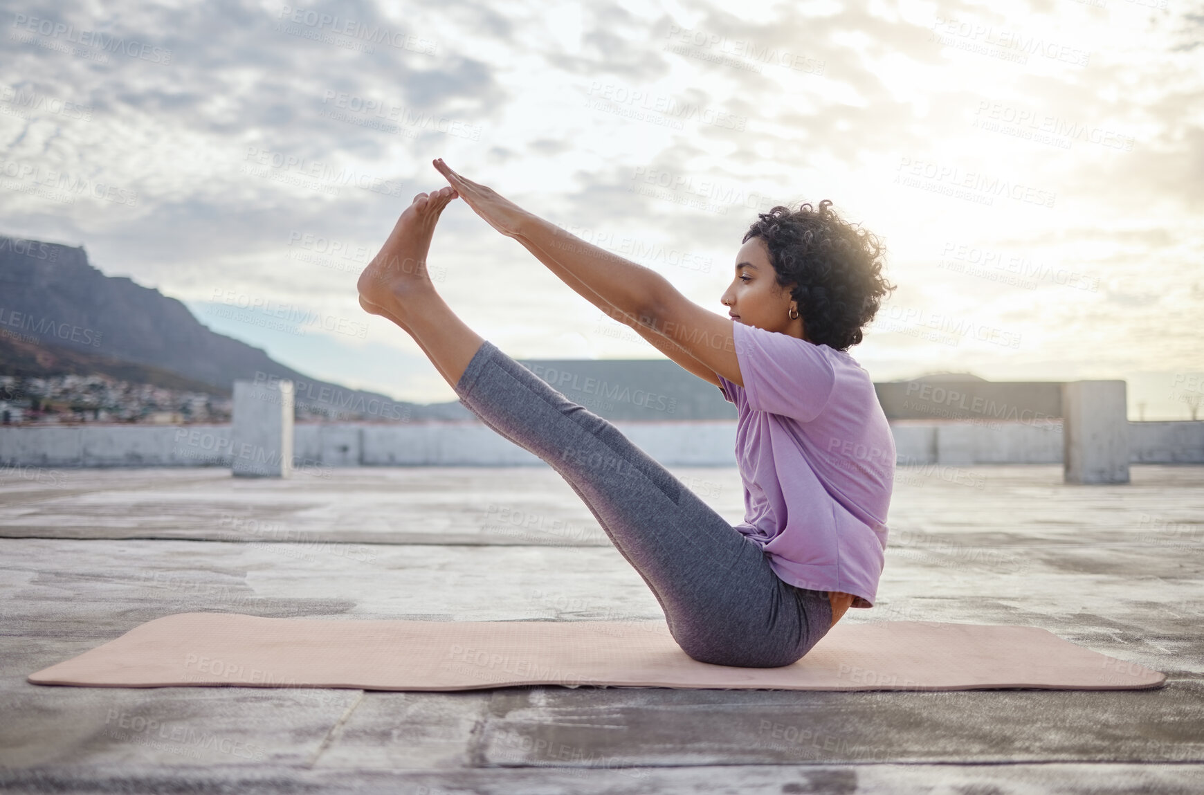 Buy stock photo Woman does yoga stretching, meditation breathing and fitness exercise on floor outside for healthy body wellness. Zen exercises for spiritual wellbeing, balance in life and improve sport performance 