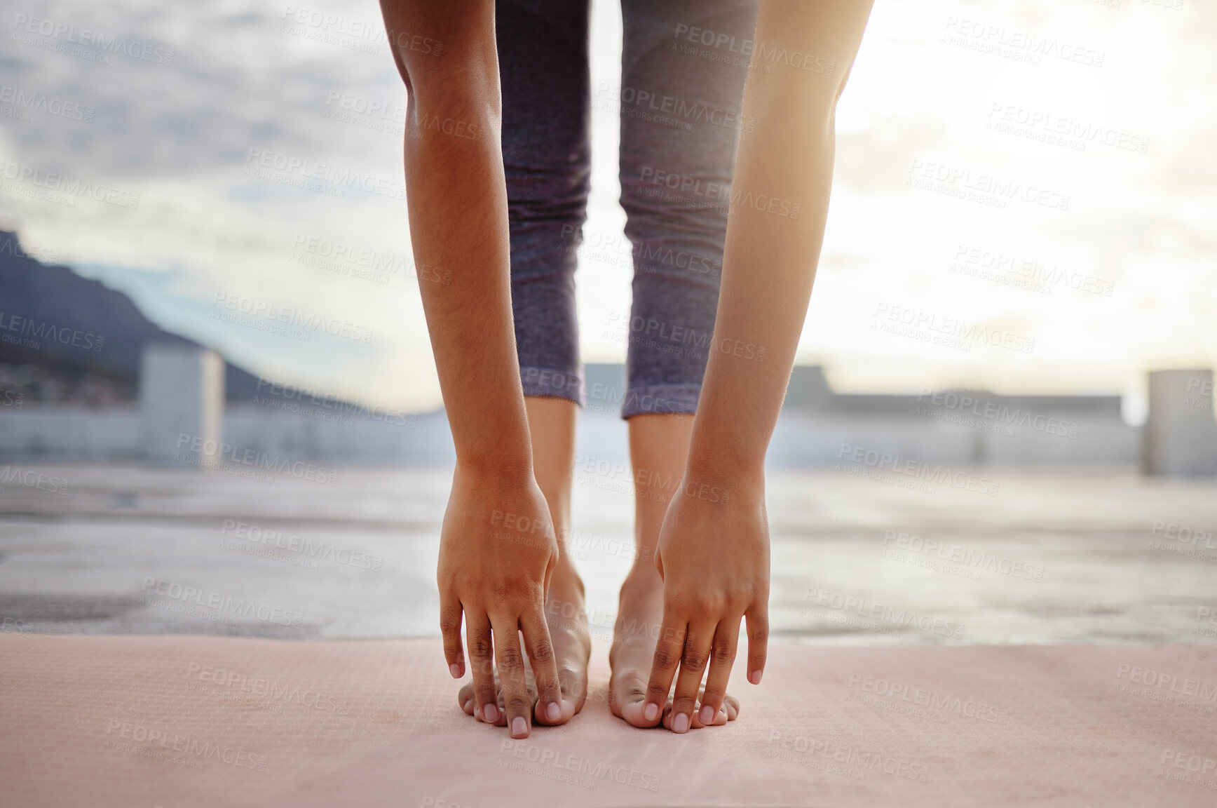 Buy stock photo Stretching, feet and legs of woman in yoga meditation or outdoor exercise with morning sunshine lens flare. Sports, pilates or cardio person with workout training for zen, calm and healthy lifestyle