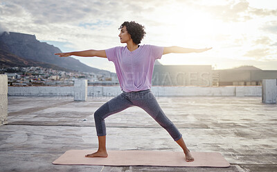 Buy stock photo Stretching, yoga and pilates woman on roof outdoor for wellness, healthy and fitness lifestyle with sunshine lens flare. Exercise, workout and meditation sport girl training calm healing in city