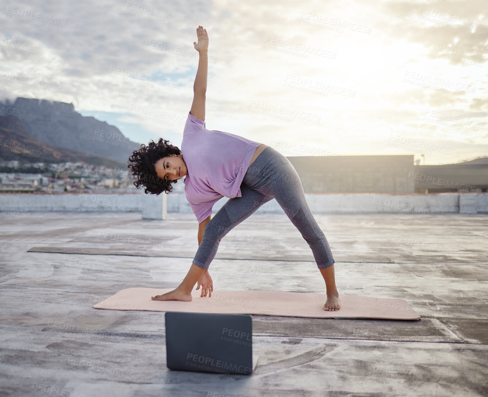 Buy stock photo Yoga, balance and online tutorial with black woman fitness or exercise workout outdoor remote. Healthy young girl, active and relax or balancing peace of mind training, motivation and meditation


