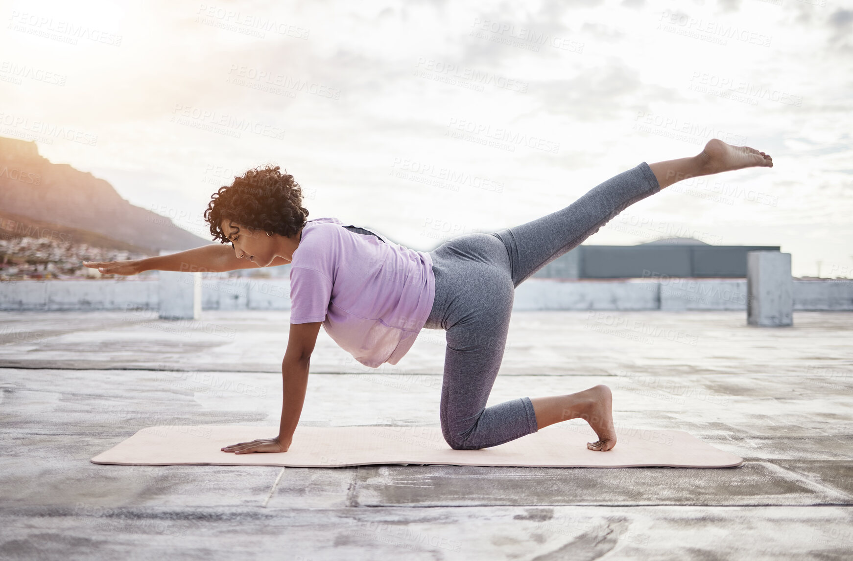 Buy stock photo Stretching, balance and yoga woman outdoor mockup and training for wellness, body health and fitness lifestyle. Workout, exercise and sports person with pilates training in the city
