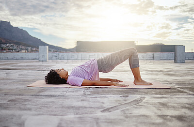 Buy stock photo Yoga, woman and stretching for wellness, training and on yoga mat outdoor in sportswear. Health, young female and girl doing exercise workout, meditation and fitness outside for relax, calm and focus